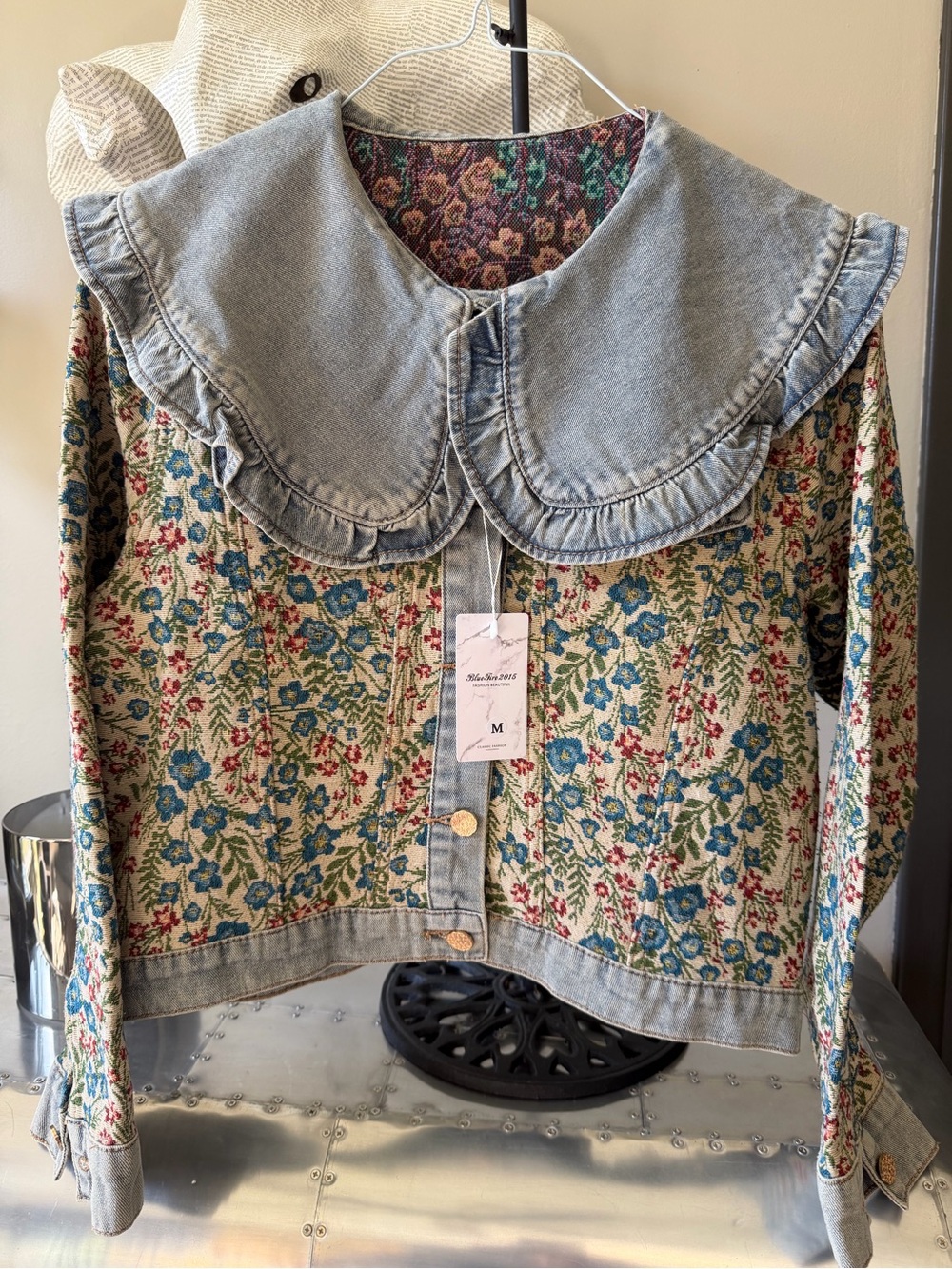 Floral Denim-Trim Ladies Jacket - Blue/Green Floral